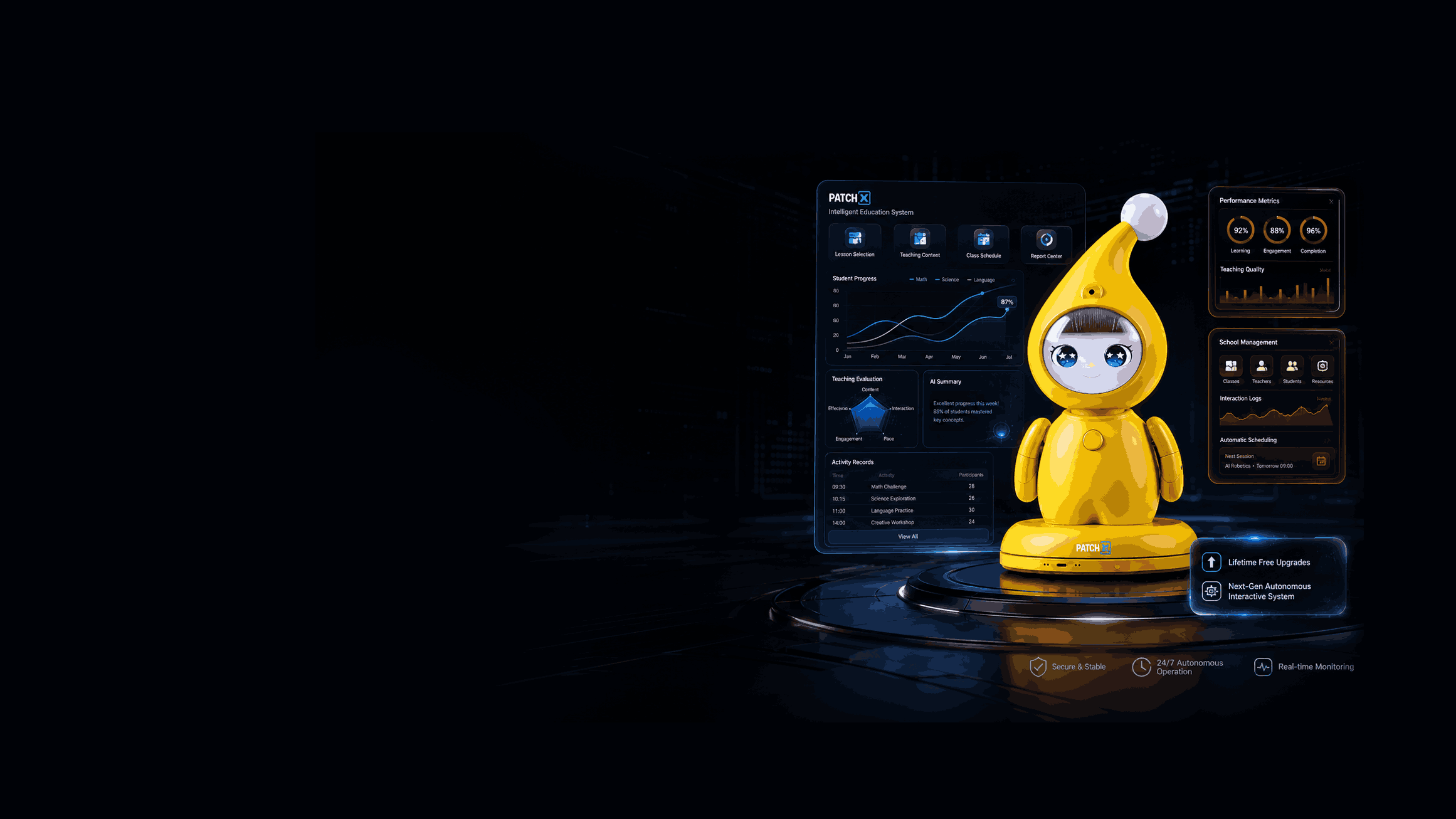 Concept scene showing a PatchX education robot in a coordination setting